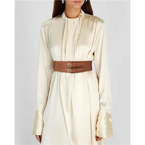 Wide Elastic Cinch Belt – Vintage PU Leather Waist Belt with Embossed Buckle - Picture 2 of 5